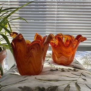 Amber & White Genuine Murano Tulip Glass Vases